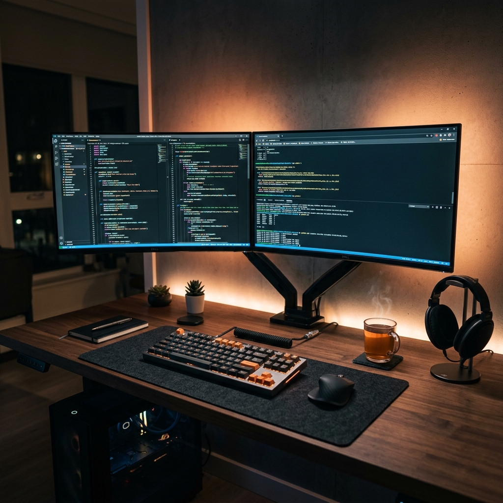 A cinematic shot of a clean, modern software developer's desk at night with glowing code on monitors.